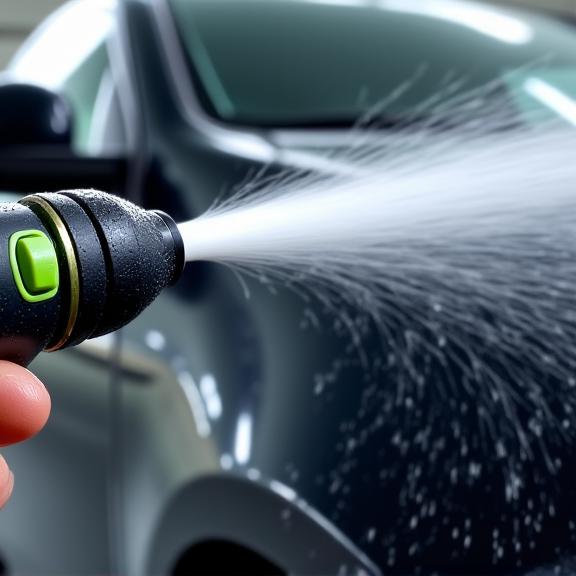 A high-pressure, low-volume water nozzle being used to clean a car, demonstrating water efficiency.
