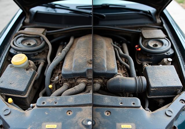 A dirty and dusty car engine bay.
