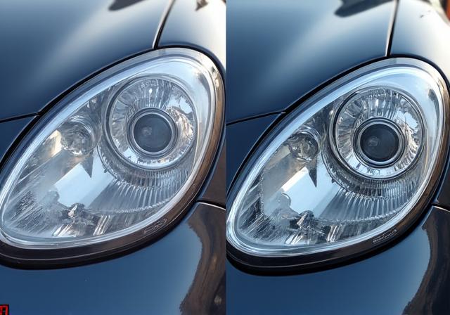 The same headlight after restoration, now crystal clear.