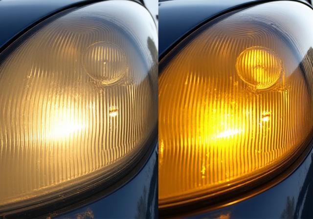 A yellowed, hazy, and oxidized car headlight.