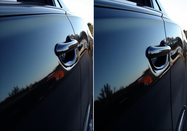 The same car paint after correction, showing a deep, flawless mirror-like finish.