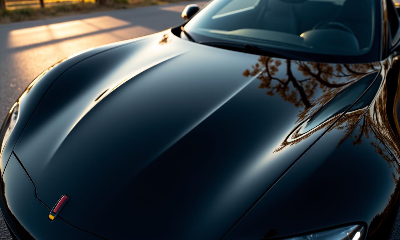 A flawlessly detailed black sports car with a mirror-like reflection on its hood, sparkling under soft light.